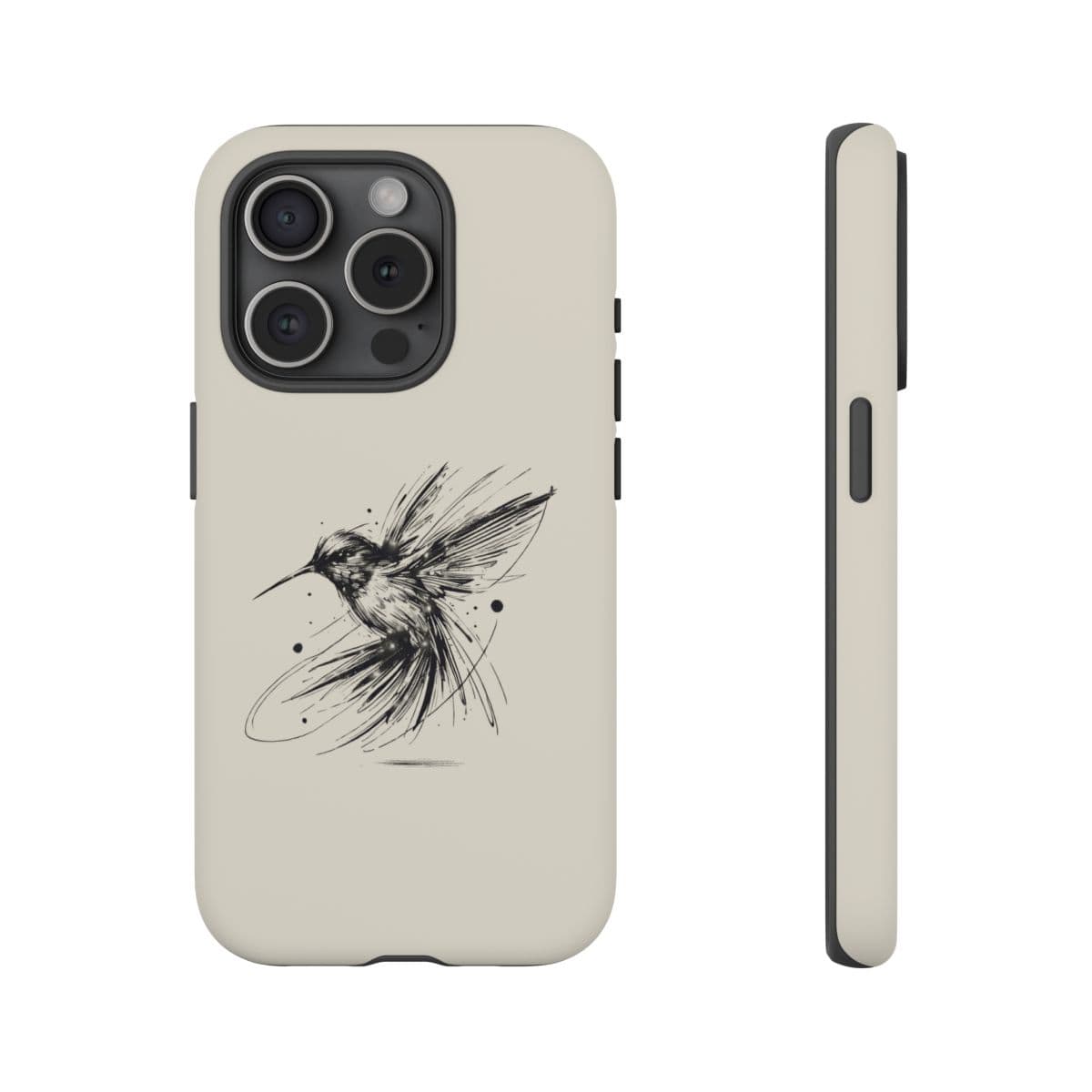 Beige phone case with matte finish featuring a black line-art sketch of a hummingbird in mid-flight on the back