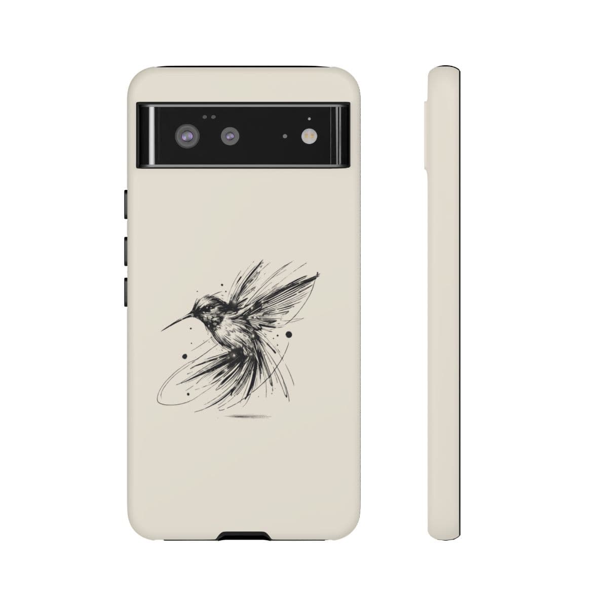 Cream-colored phone case with matte finish featuring a black sketch-style hummingbird design in the center