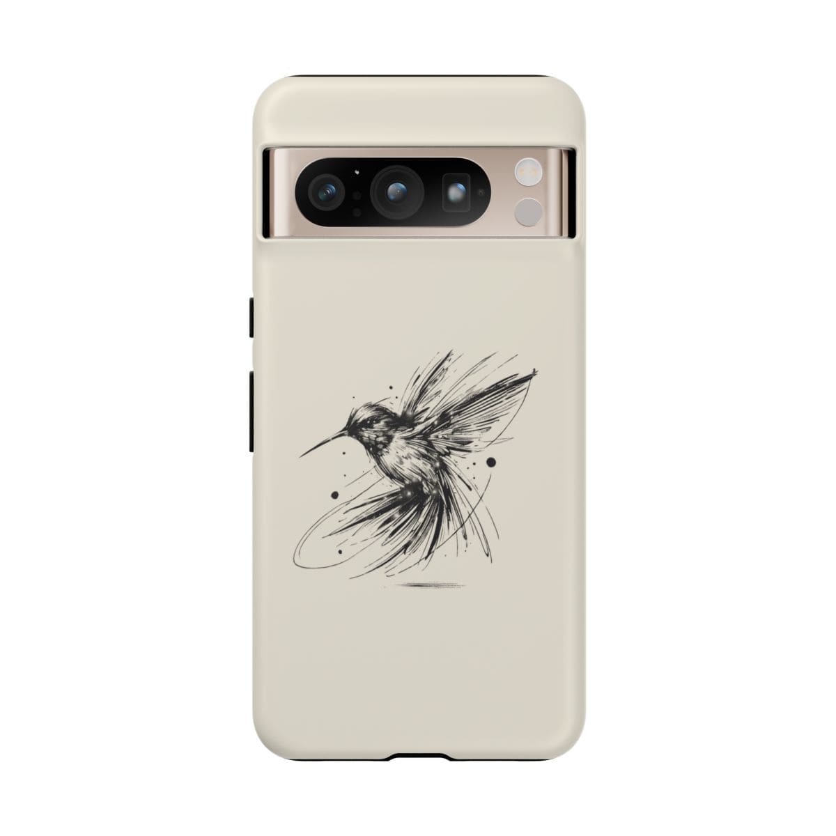 Cream phone case with matte finish featuring a black line art sketch of a hummingbird in flight on the back