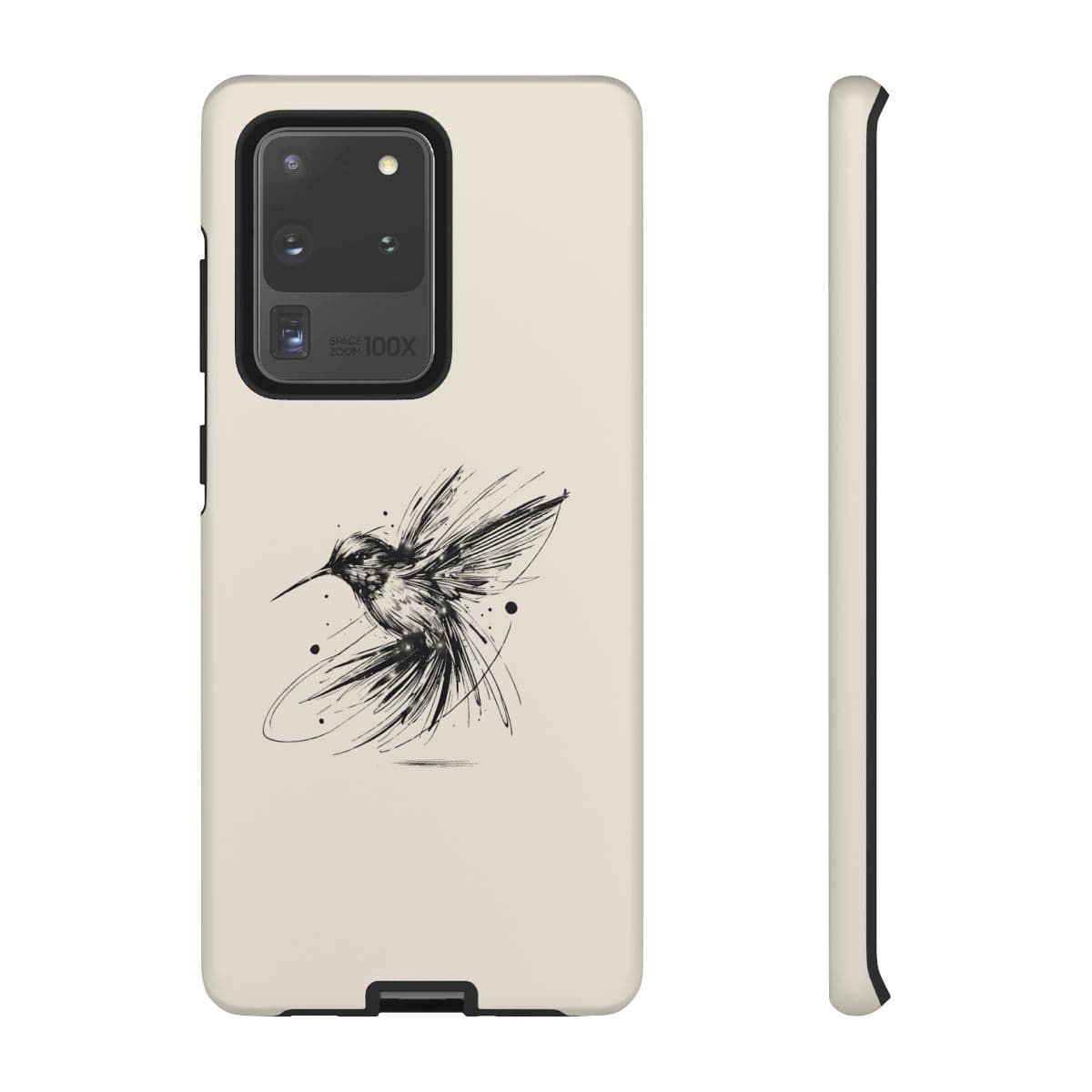 Beige smartphone case made of smooth plastic featuring a black line-drawing of a hummingbird in mid-flight