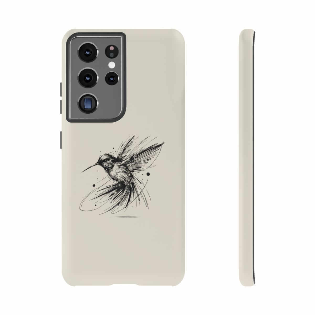 Beige phone case with matte finish and centered black hummingbird line drawing on the back panel