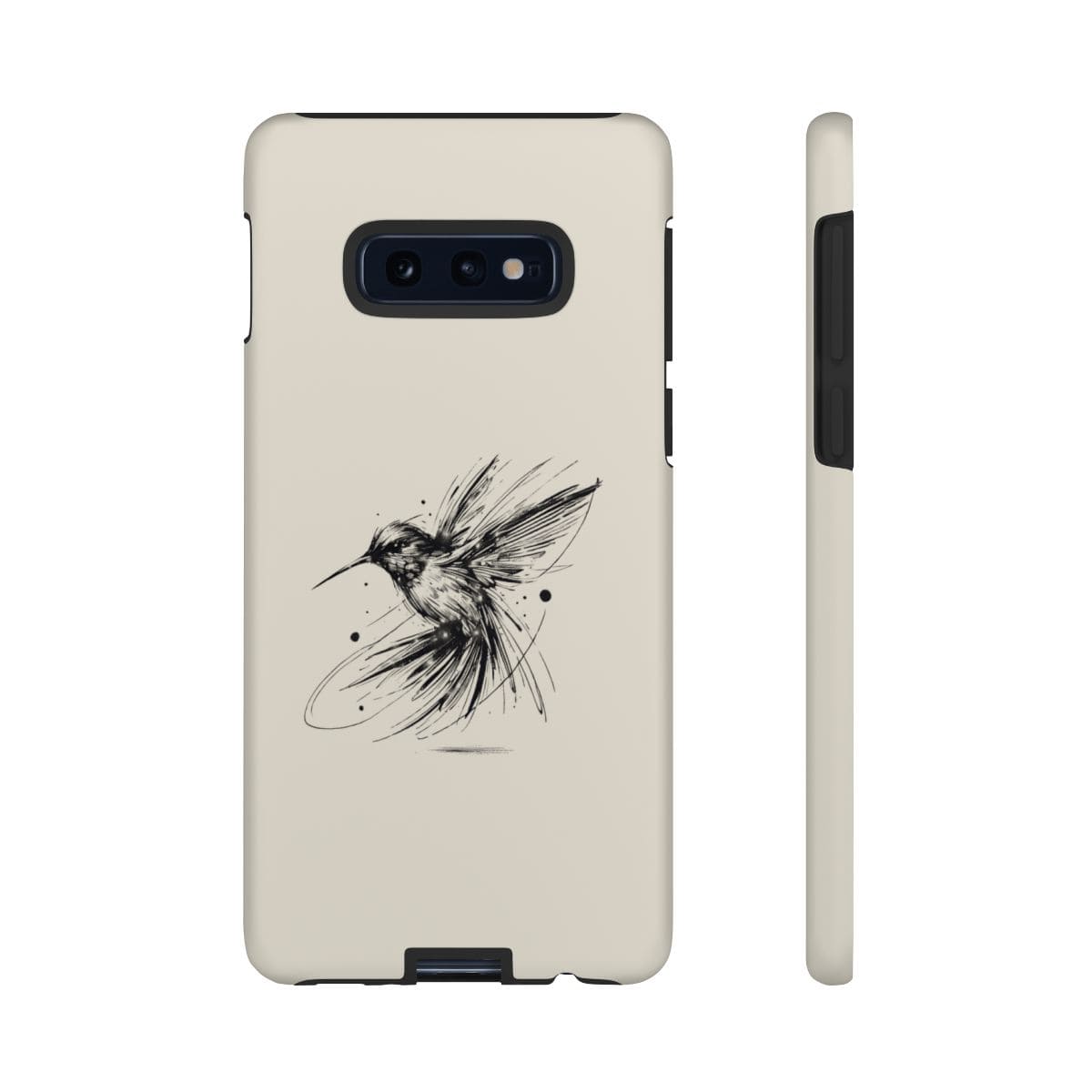 Beige phone case featuring a minimalist black hummingbird sketch in motion engraved near the center of the matte surface