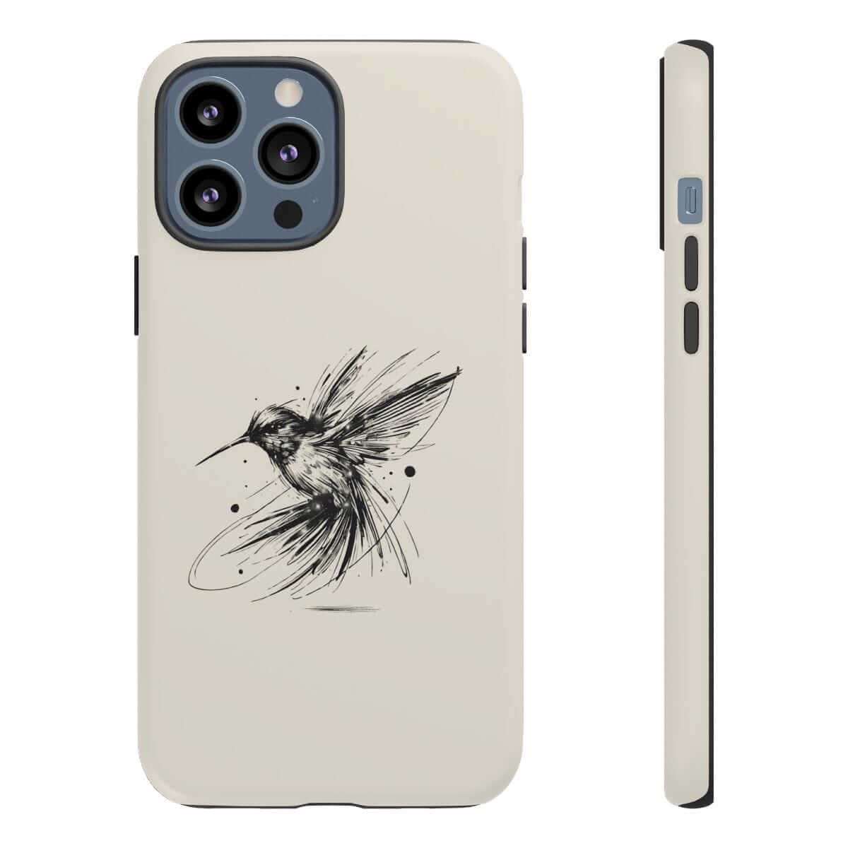 Off-white phone case for iPhone 15 featuring a black line-art hummingbird design on smooth plastic surface