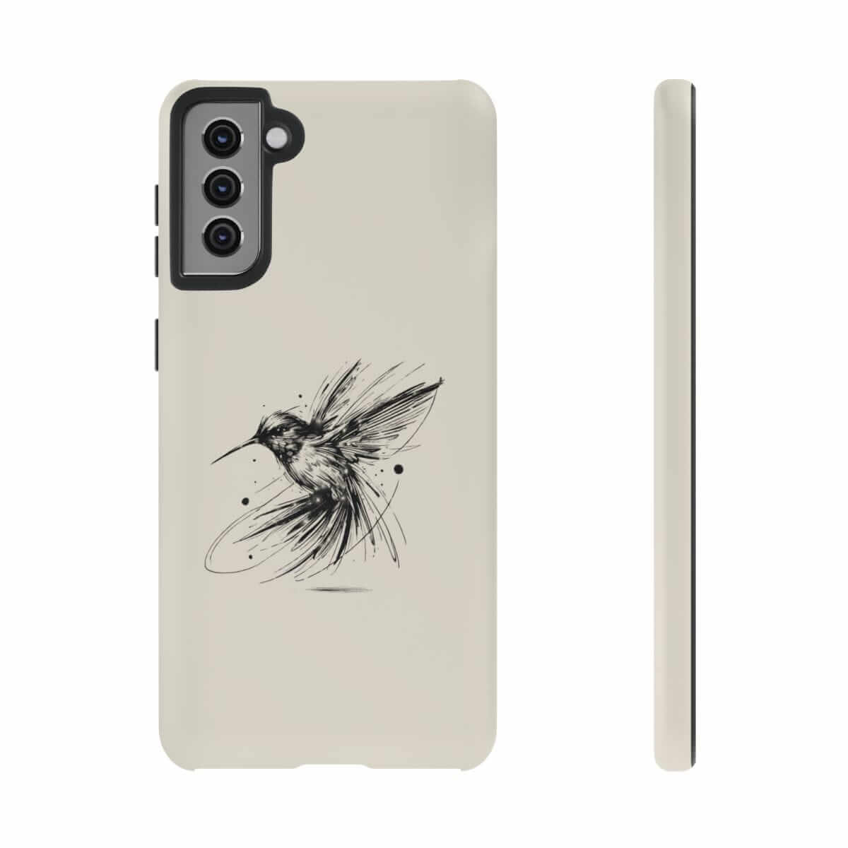 Beige phone case with smooth matte finish featuring a black sketch-style hummingbird in minimalist line art design