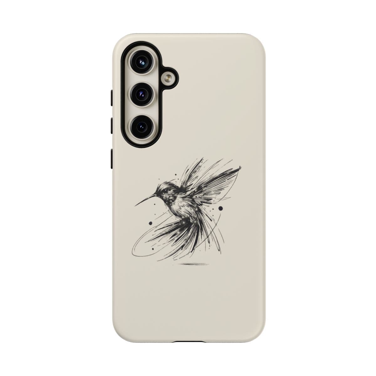 Cream phone case made of hard plastic featuring a black sketch of a hummingbird in mid-flight on the back panel