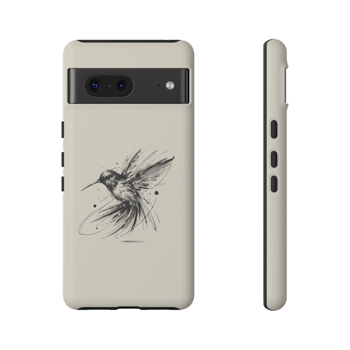 Beige phone case with soft matte finish featuring a black line-art hummingbird sketch and dual camera cutout