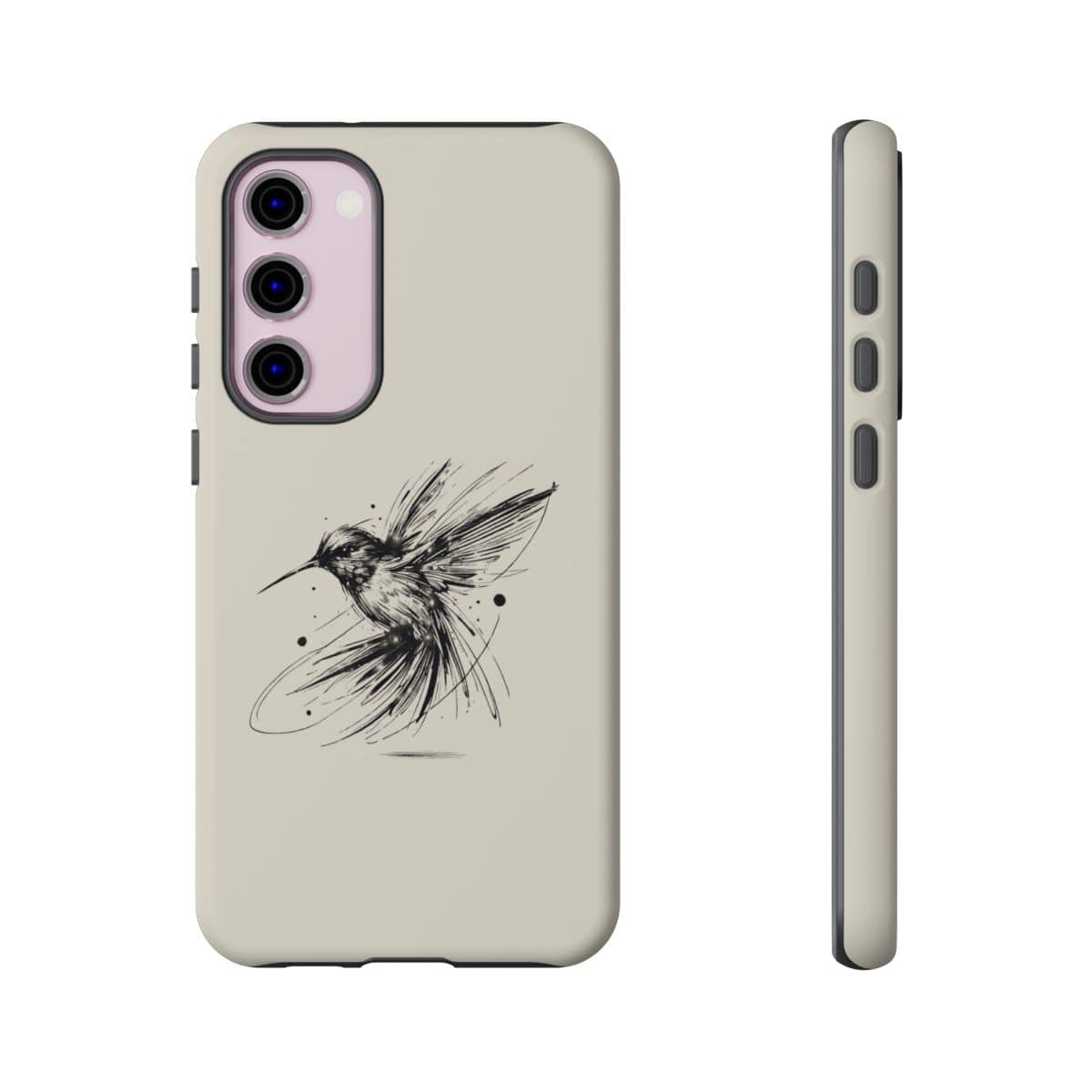 Beige phone case made of matte plastic featuring a black line art sketch of a hummingbird in mid-flight