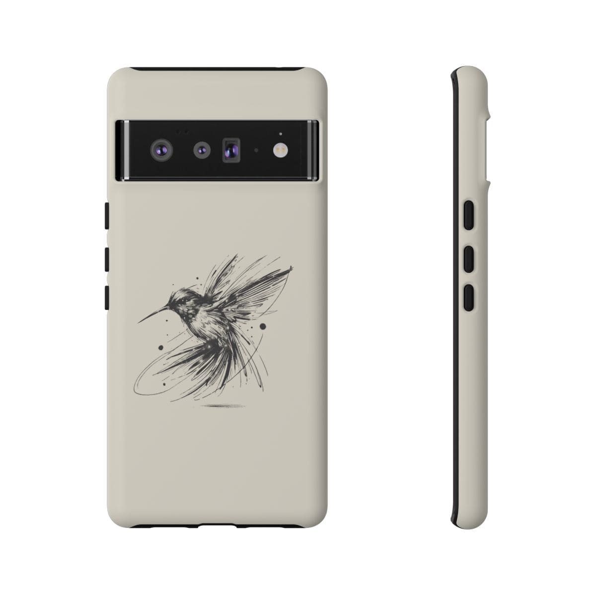 Cream phone case with smooth matte finish and black line-art style hummingbird illustration on the back