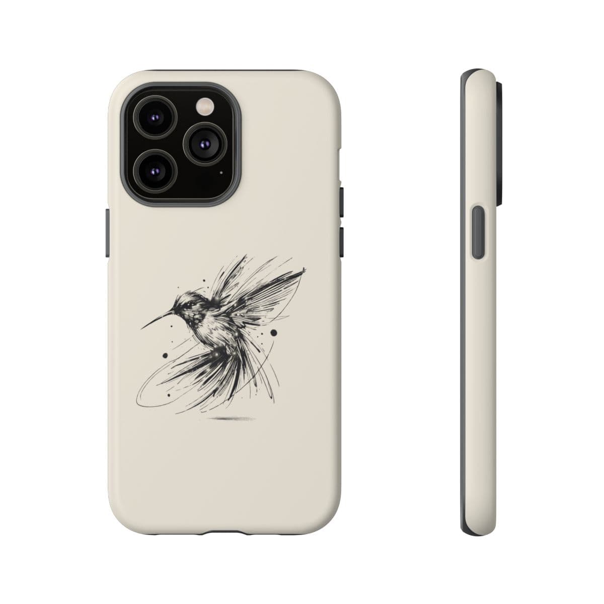 Beige phone case with black sketched hummingbird design featuring a matte finish and slim minimalist profile
