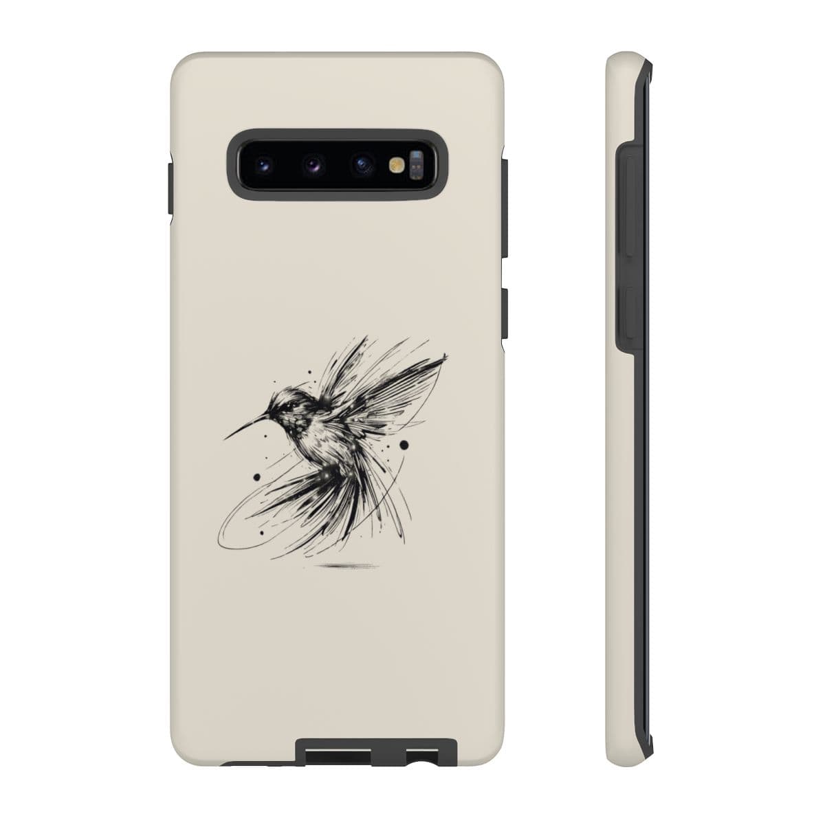 Cream-colored phone case made of smooth matte plastic featuring a black line-art hummingbird sketch on the back