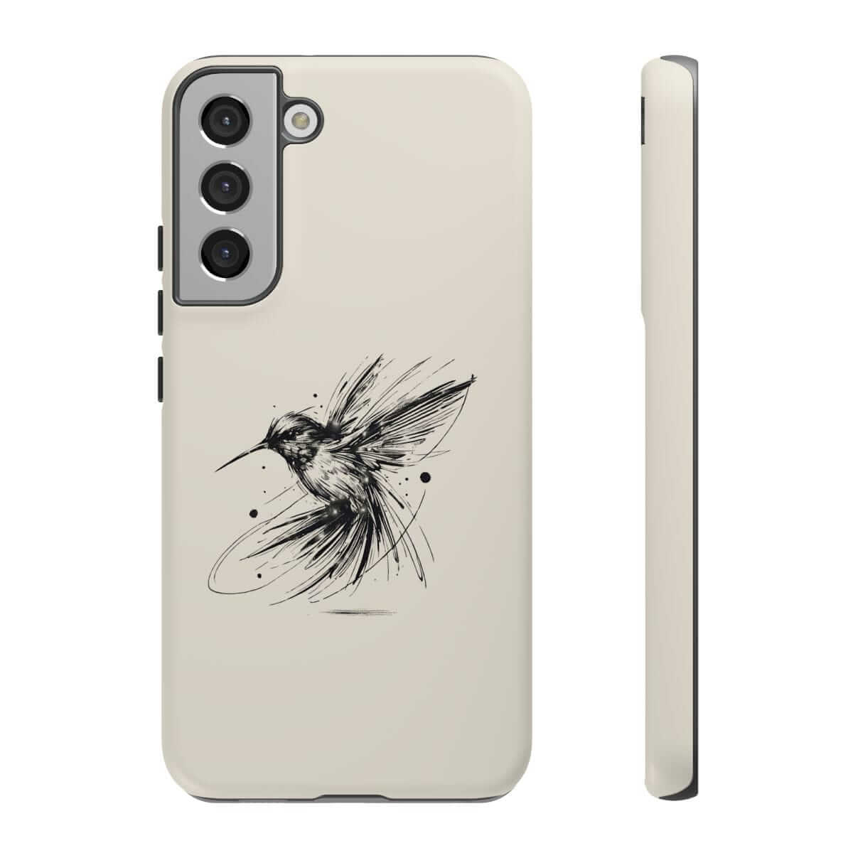 Beige phone case made of smooth matte plastic featuring a black line-art hummingbird sketch on the back