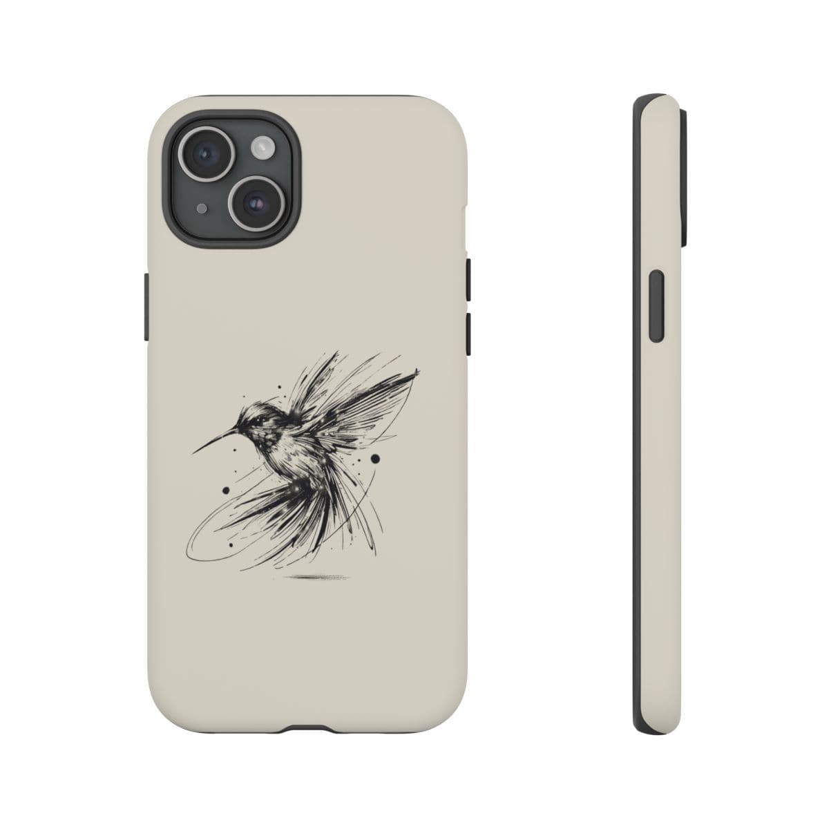 Beige phone case with matte finish featuring black sketch line art of hummingbird in flight on smooth polycarbonate