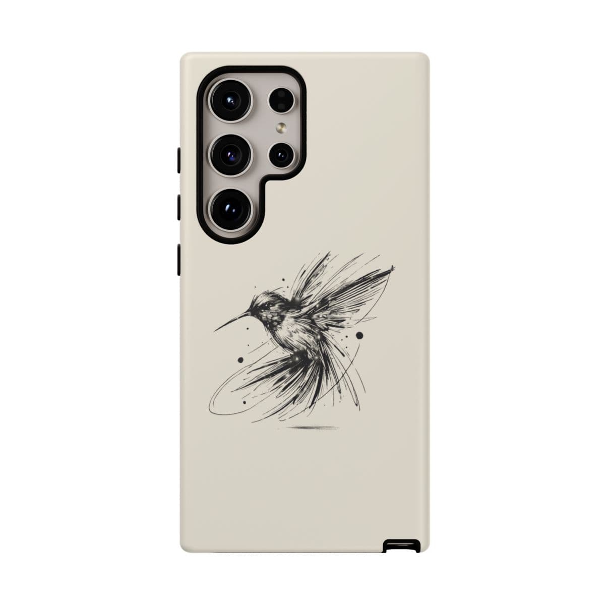 Cream silicone phone case for iPhone 15 Pro featuring a minimalist black sketch of a hummingbird in flight