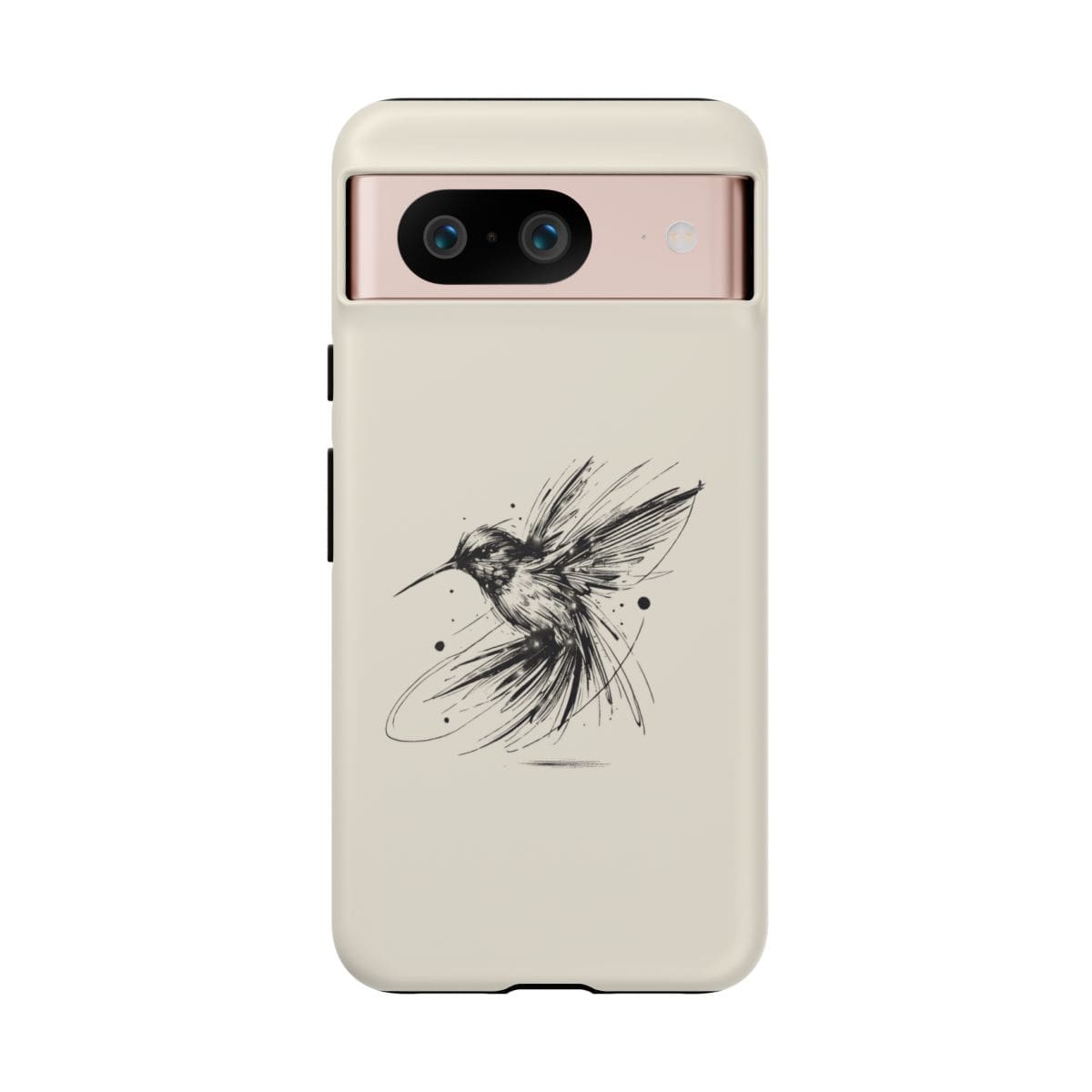 Cream smartphone case with black artistic hummingbird sketch covering the camera bump on a matte surface