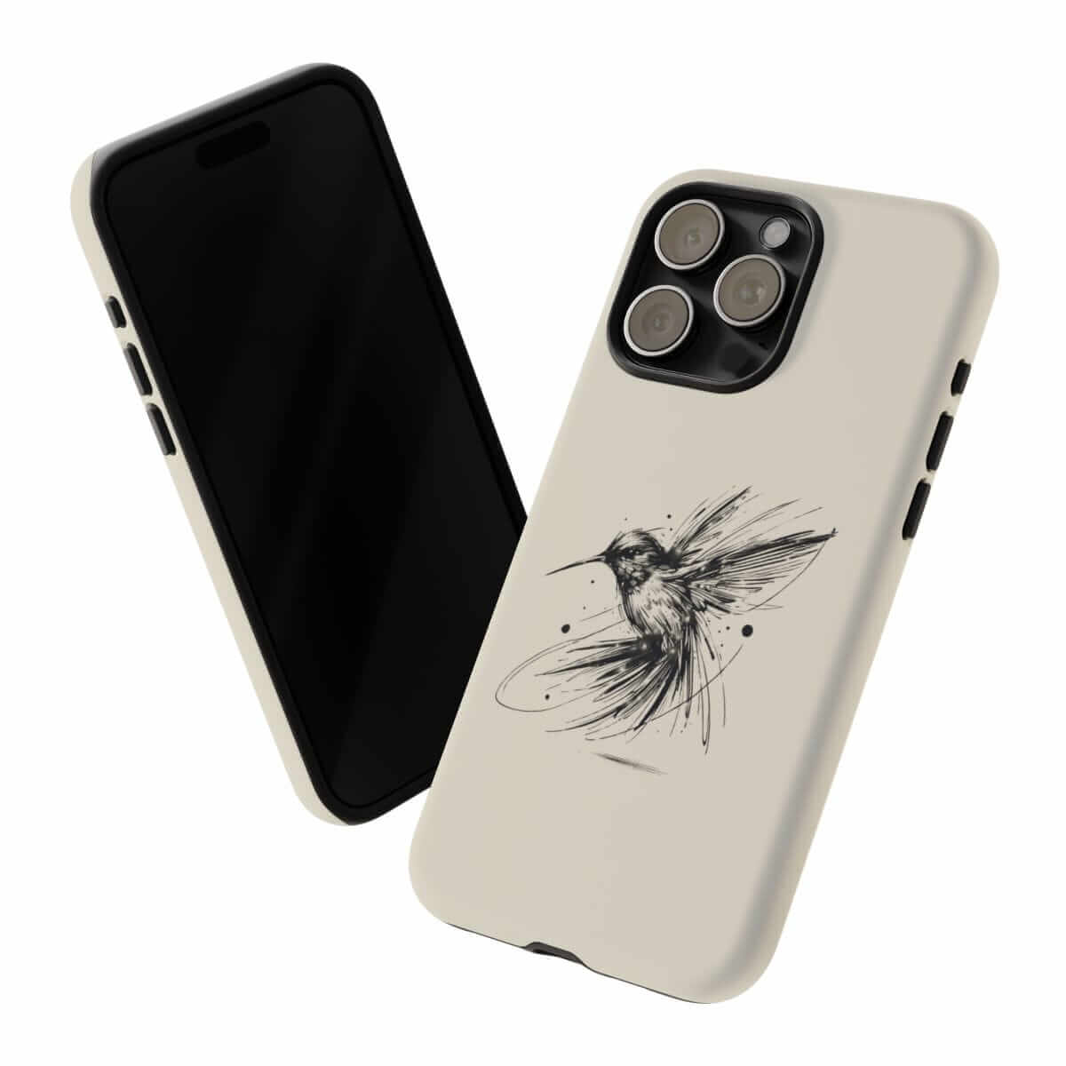 Beige silicone phone case for iPhone 15 Pro featuring a black hummingbird sketch and triple-camera cutout
