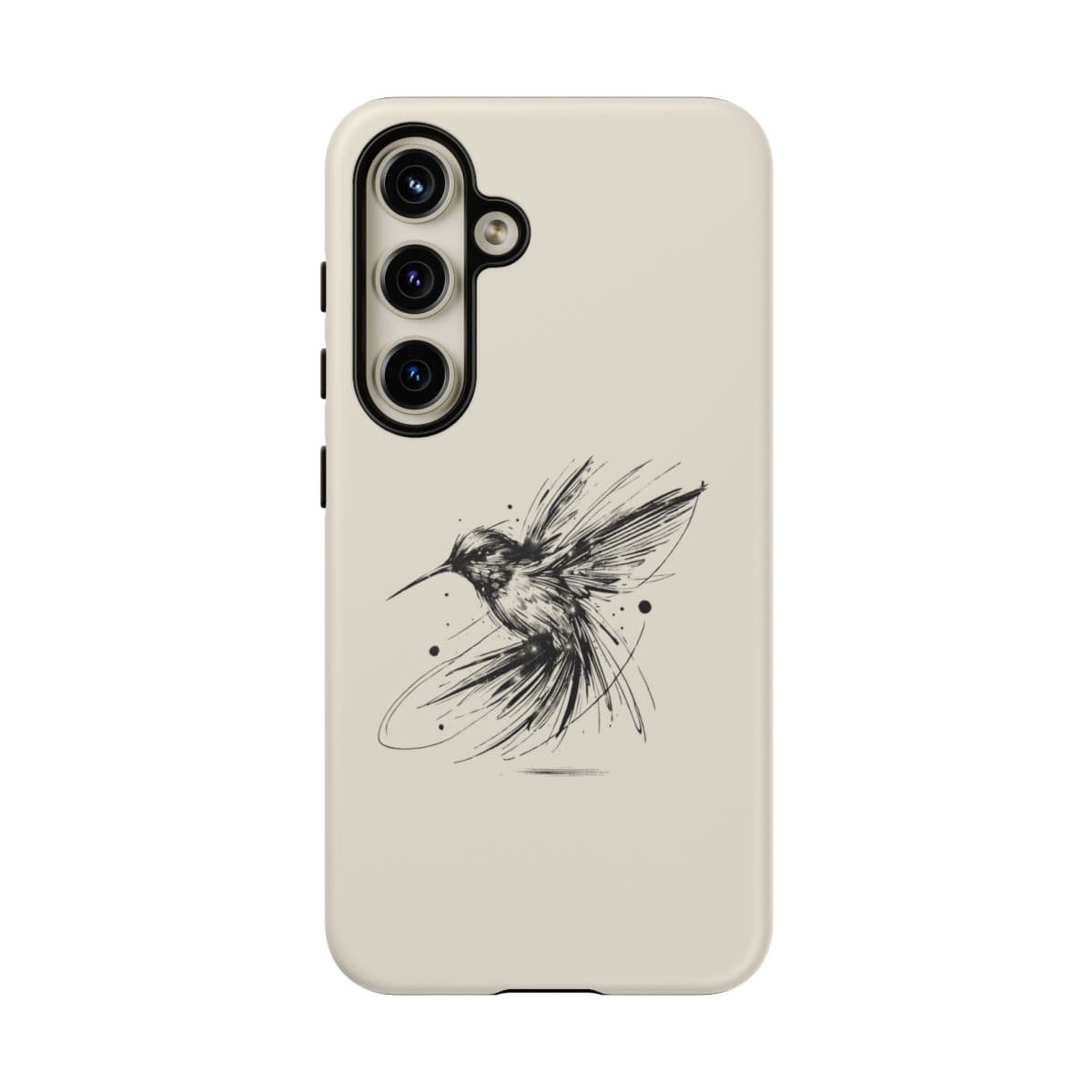 Cream phone case for iPhone 15 Pro made of hard plastic with black sketch of a hummingbird and triple camera cutout