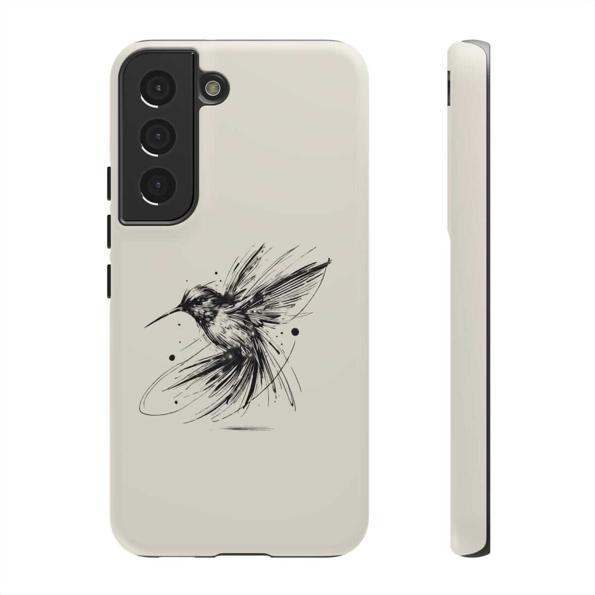 Beige phone case for iPhone 15 Pro with matte finish and black hummingbird line art on the back panel