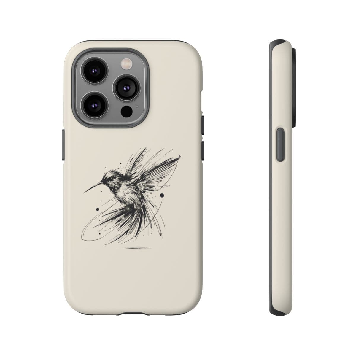 Off-white phone case with matte finish featuring a black line art hummingbird design centered on the back