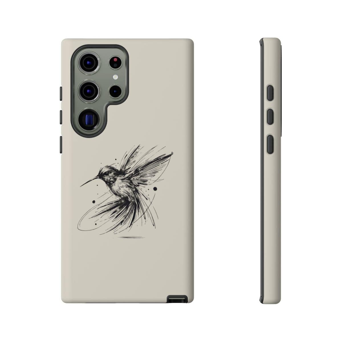Beige phone case with matte finish featuring a black hummingbird line sketch on the back side panel