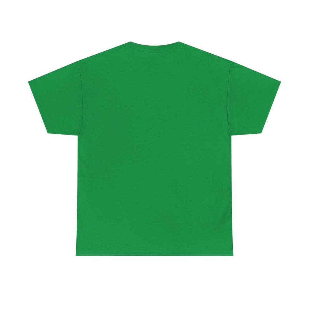 Green cotton t-shirt with short sleeves and a plain back design shown from the rear view on a flat surface
