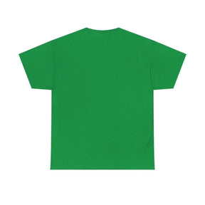 Green cotton t-shirt with short sleeves and a plain back design shown from the rear view on a flat surface