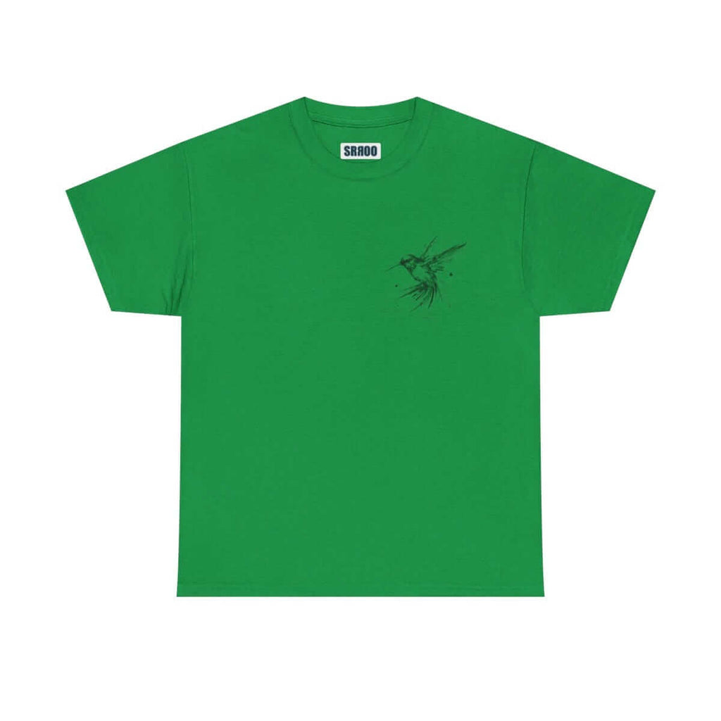 Green cotton t-shirt with crew neck and small black hummingbird graphic on the left chest area