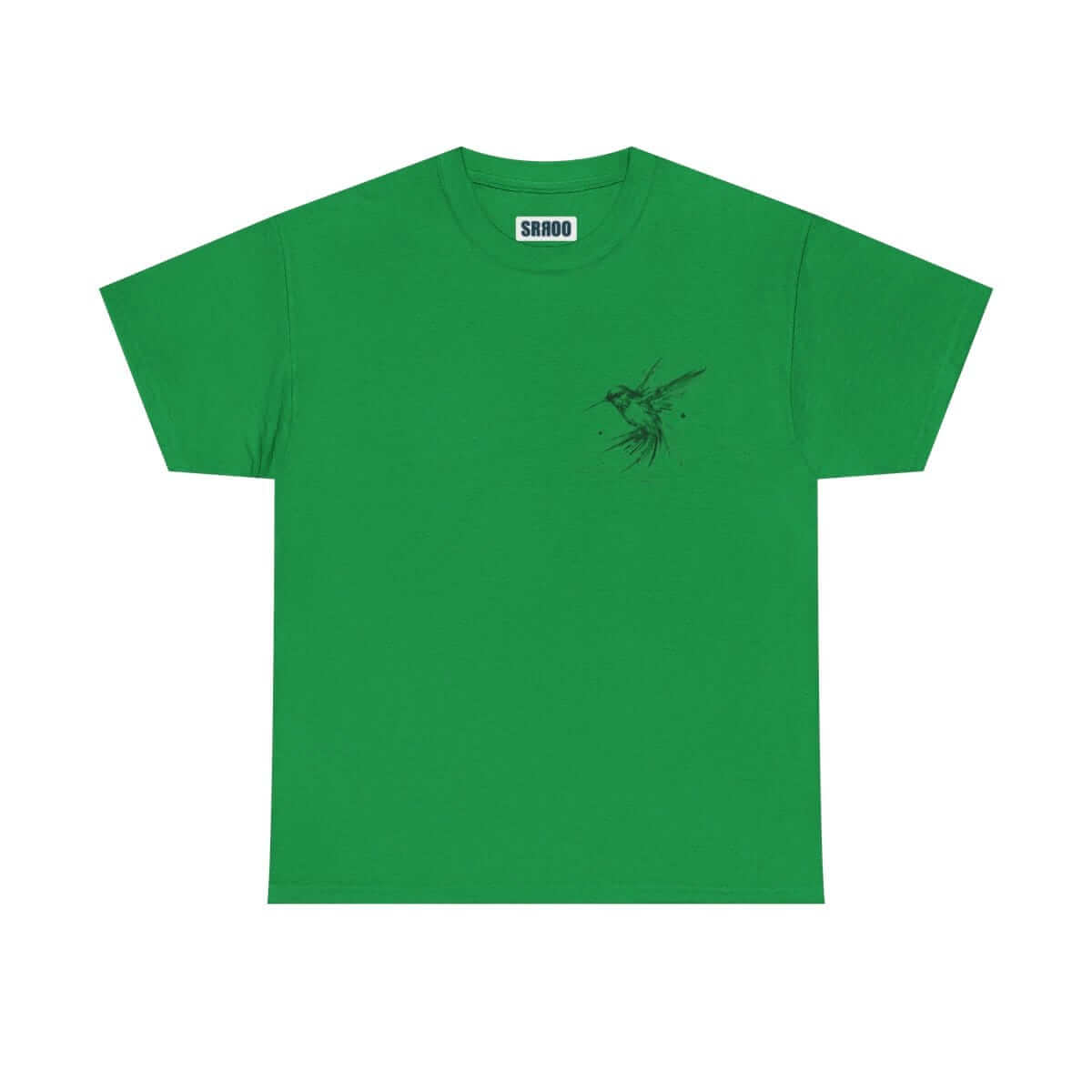 Green cotton t-shirt with crew neck and small black hummingbird graphic on the left chest area