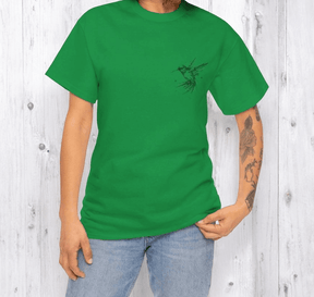 Green cotton T-shirt featuring a small black hummingbird graphic on the chest, paired with light wash denim jeans