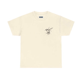 Cream cotton T-shirt in a minimalist style featuring a small artistic hummingbird design on the left chest