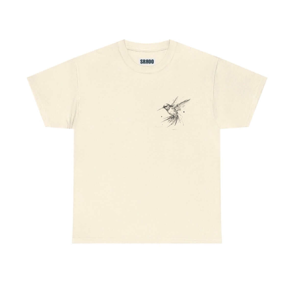 Cream cotton T-shirt in a minimalist style featuring a small artistic hummingbird design on the left chest