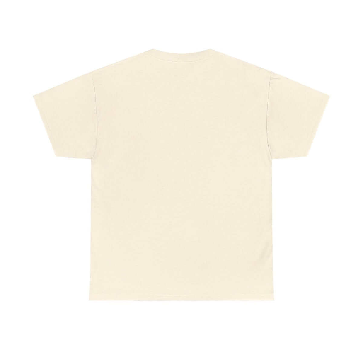 Beige cotton t-shirt in minimalist style featuring plain back design and short sleeves worn by person facing away