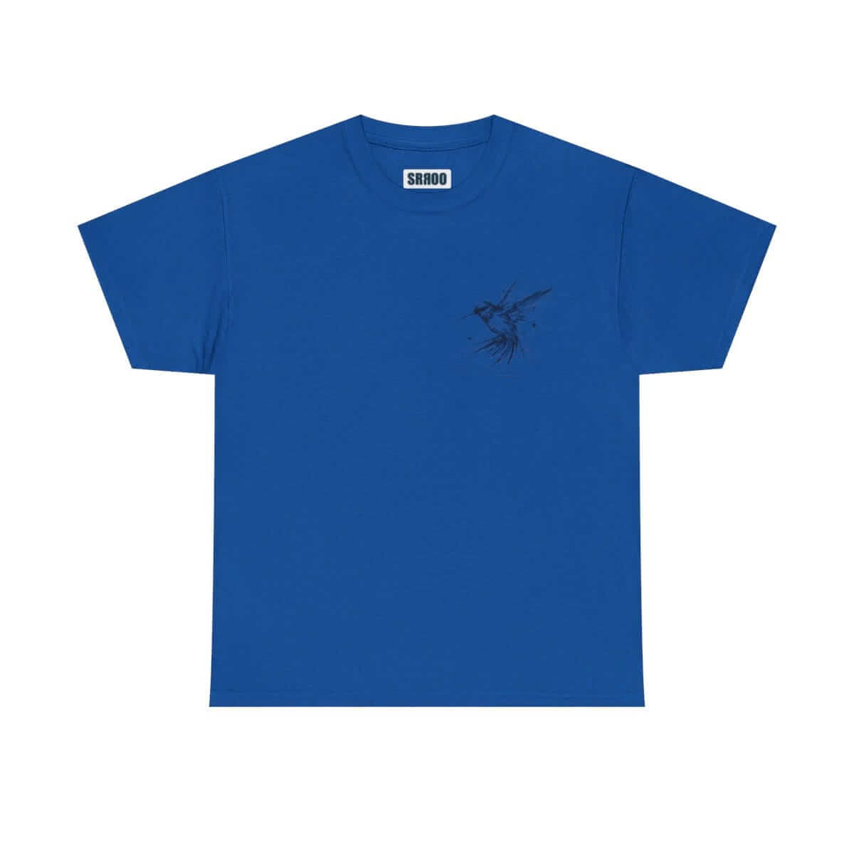 Blue cotton t-shirt with crew neck and small dark bird graphic printed on the left chest area