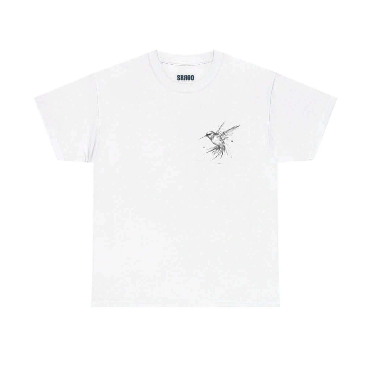 White cotton t-shirt featuring a minimalist black hummingbird graphic on the left chest with a crew neckline