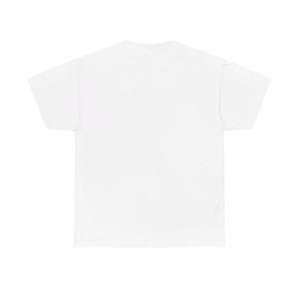 White cotton t-shirt with plain back design, short sleeves, and classic crewneck shown on a person from behind