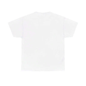 White cotton t-shirt with plain back design, short sleeves, and classic crewneck shown on a person from behind