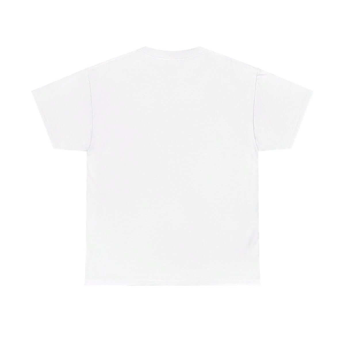 White cotton t-shirt with plain back design, short sleeves, and classic crewneck shown on a person from behind