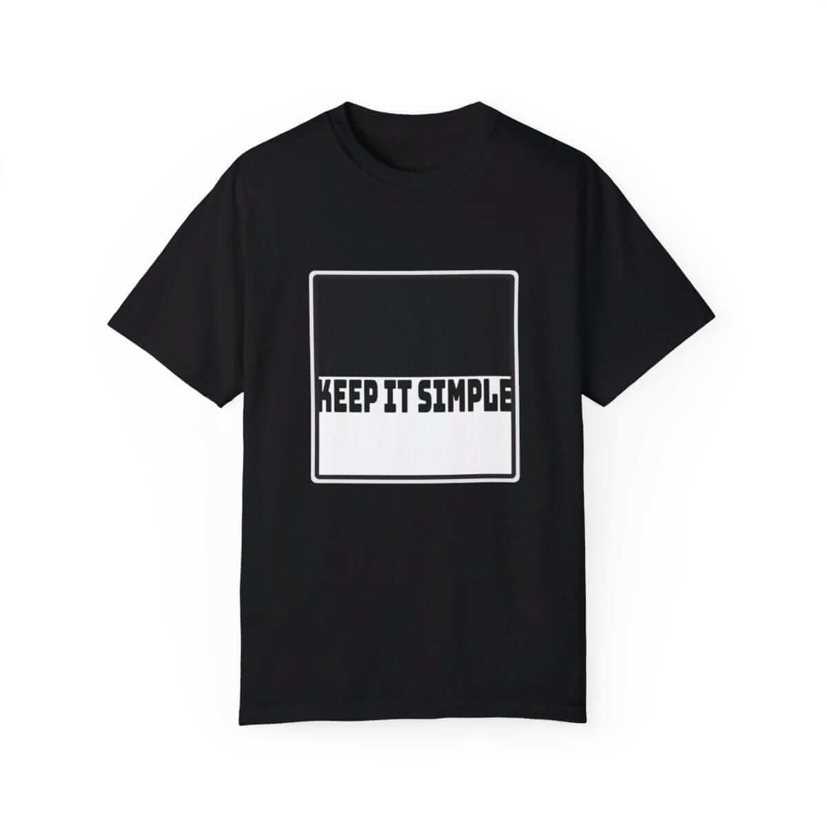 Black cotton T-shirt with minimalist square layout featuring white KEEP IT SIMPLE text centered on the chest