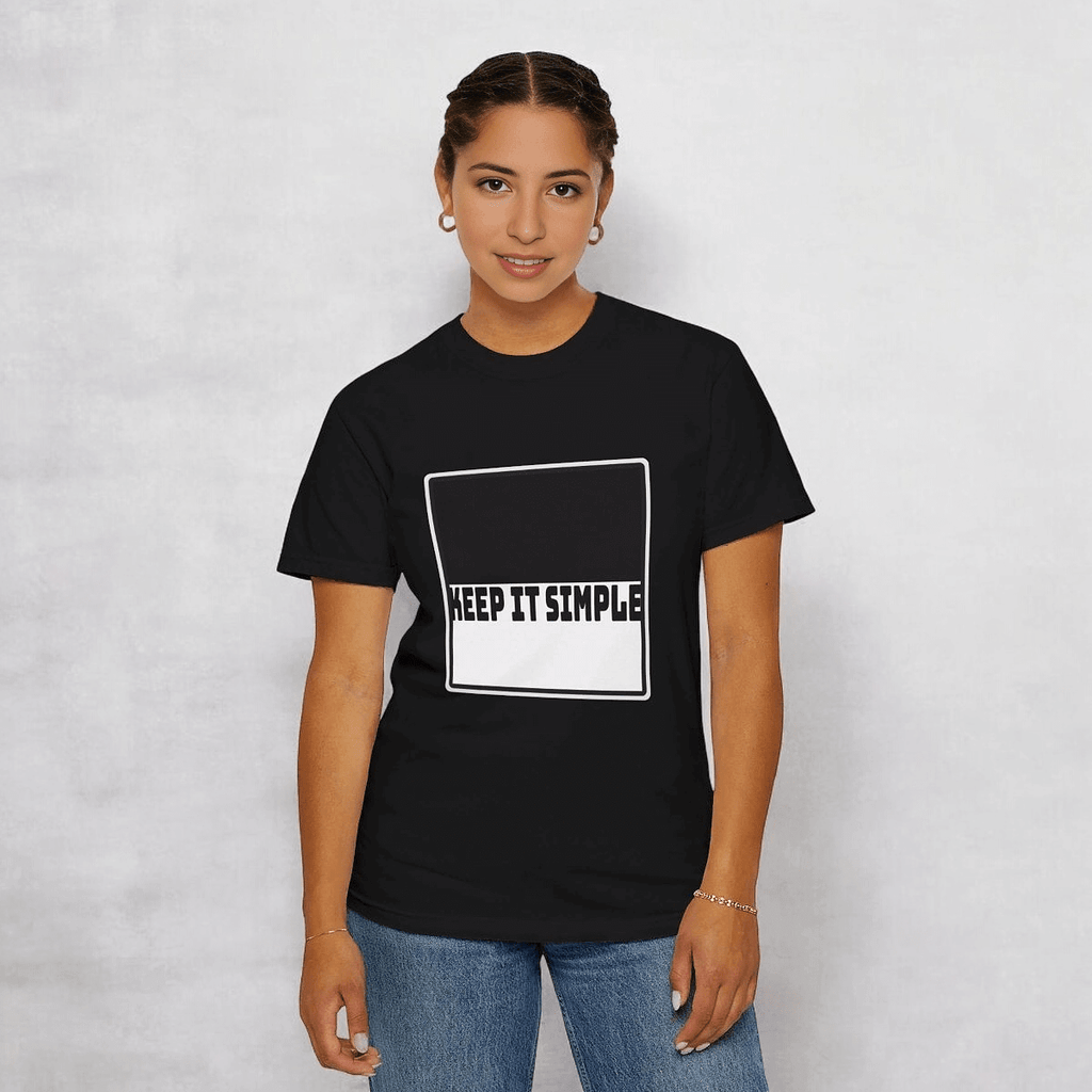 Black cotton T-shirt in casual fit featuring bold white KEEP IT SIMPLE text across the chest against plain backdrop