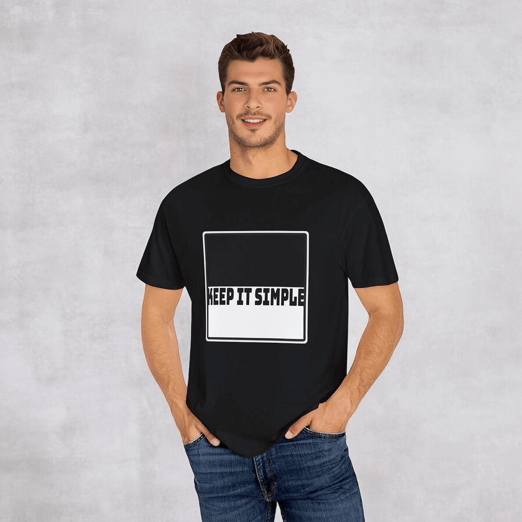 Black cotton T-shirt with bold white KEEP IT SIMPLE text on front, crew neck and slim fit style