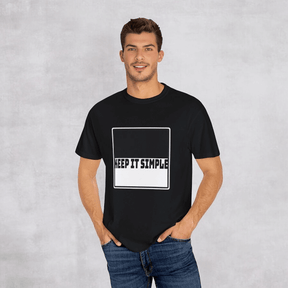 Black cotton T-shirt with bold white KEEP IT SIMPLE text on front, crew neck and slim fit style