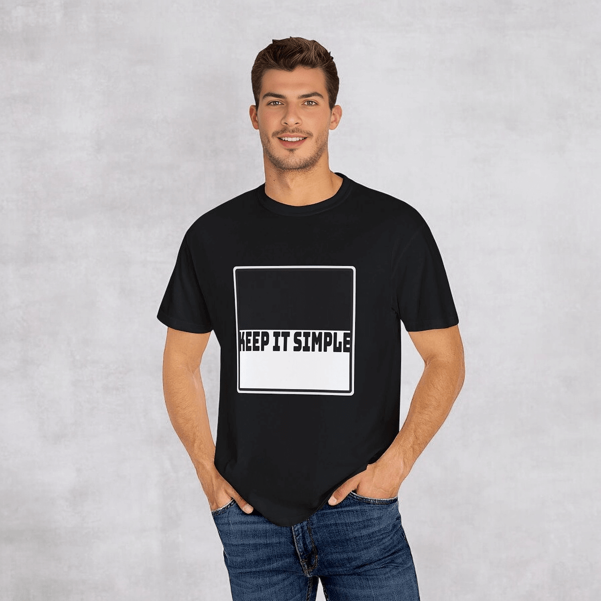 Black cotton T-shirt with bold white KEEP IT SIMPLE text on front, crew neck and slim fit style