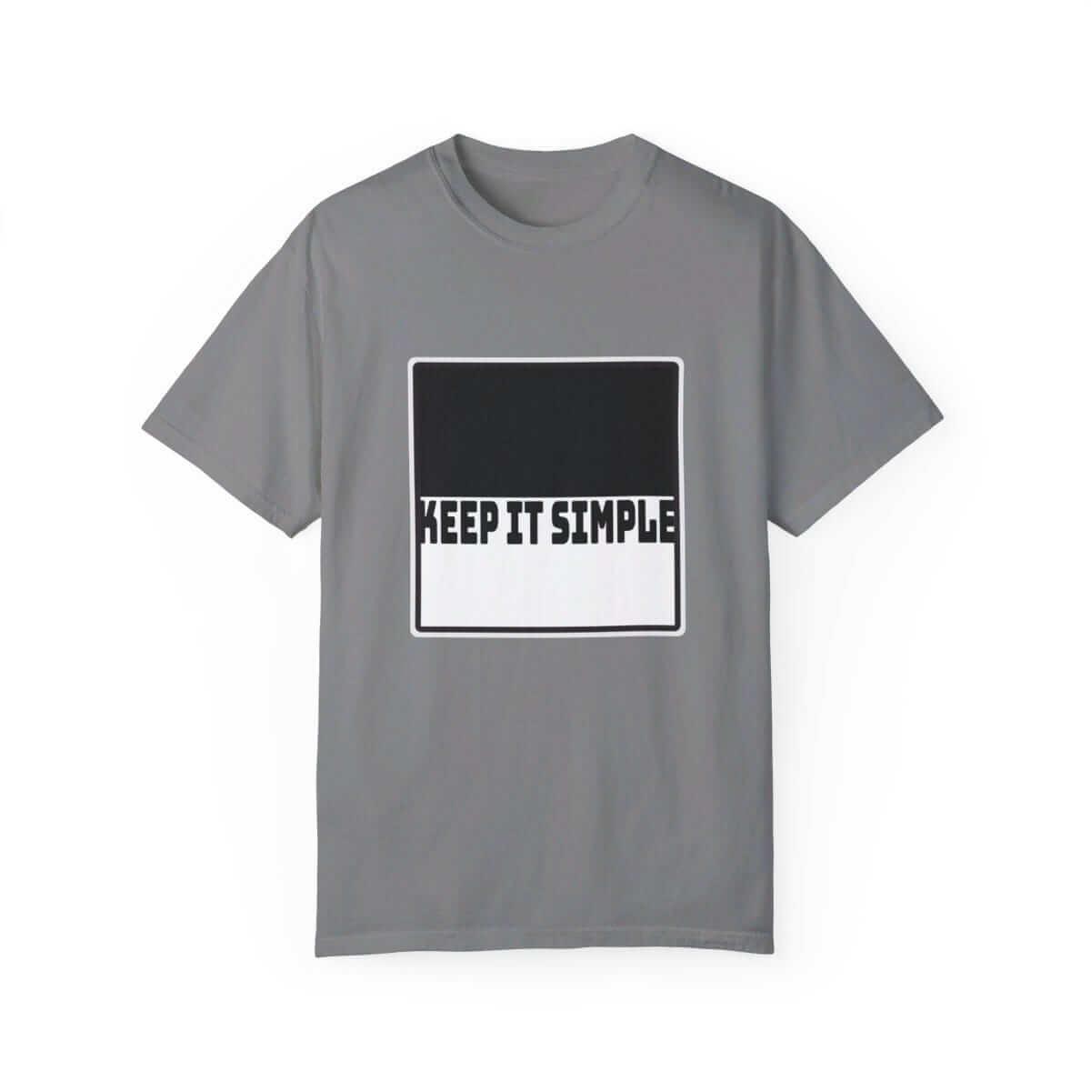 Grey cotton T-shirt with classic crew neck and bold black and white KEEP IT SIMPLE text graphic on chest