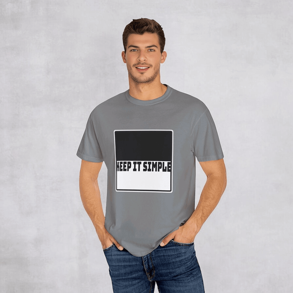Grey cotton casual t-shirt with KEEP IT SIMPLE text on chest, worn with blue jeans in relaxed fit