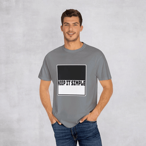 Grey cotton casual t-shirt with KEEP IT SIMPLE text on chest, worn with blue jeans in relaxed fit