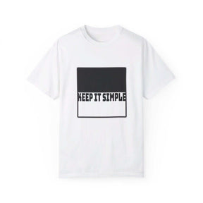 White cotton t-shirt with minimalist black text graphic reading 'KEEP IT SIMPLE' centered on the chest