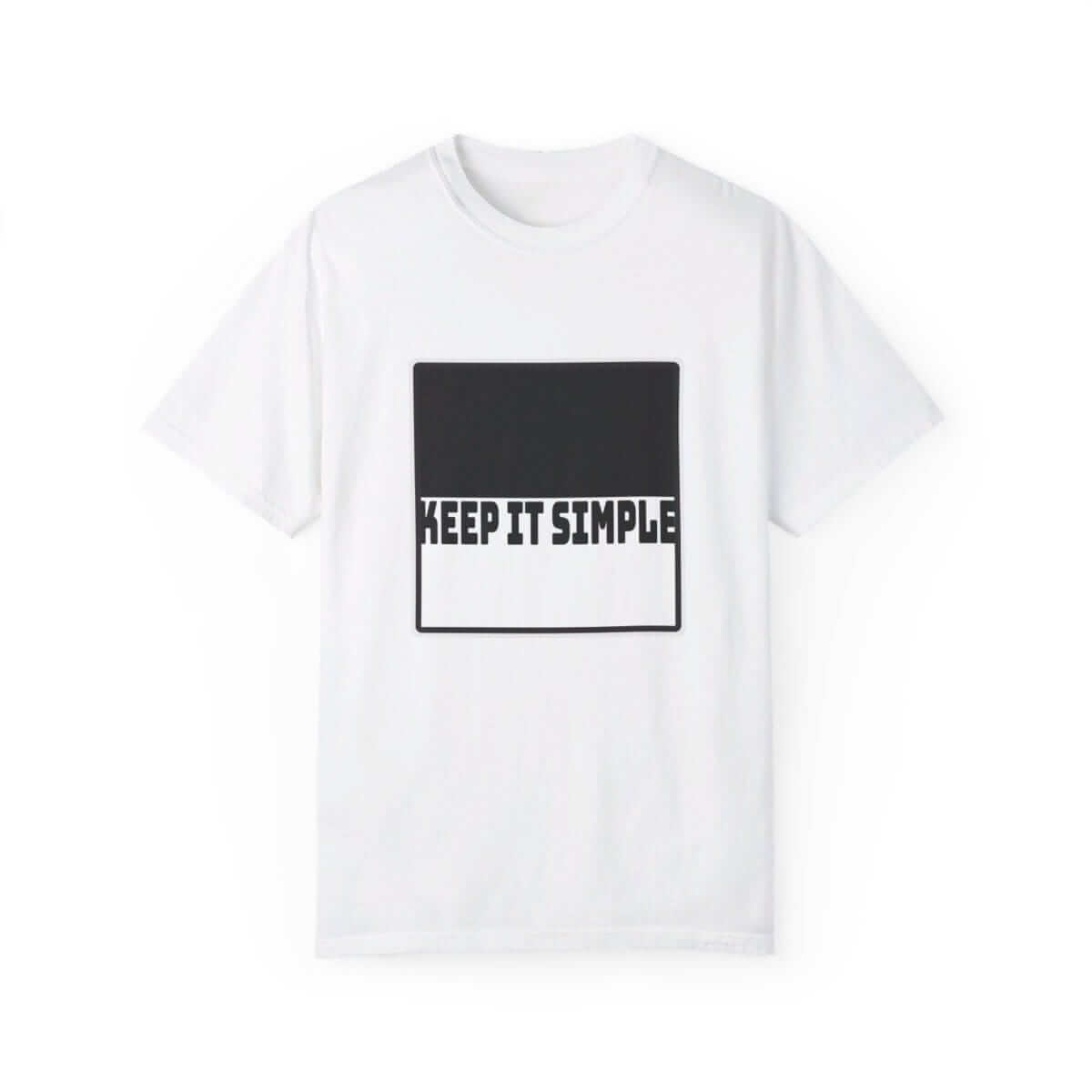 White cotton t-shirt with minimalist black text graphic reading 'KEEP IT SIMPLE' centered on the chest