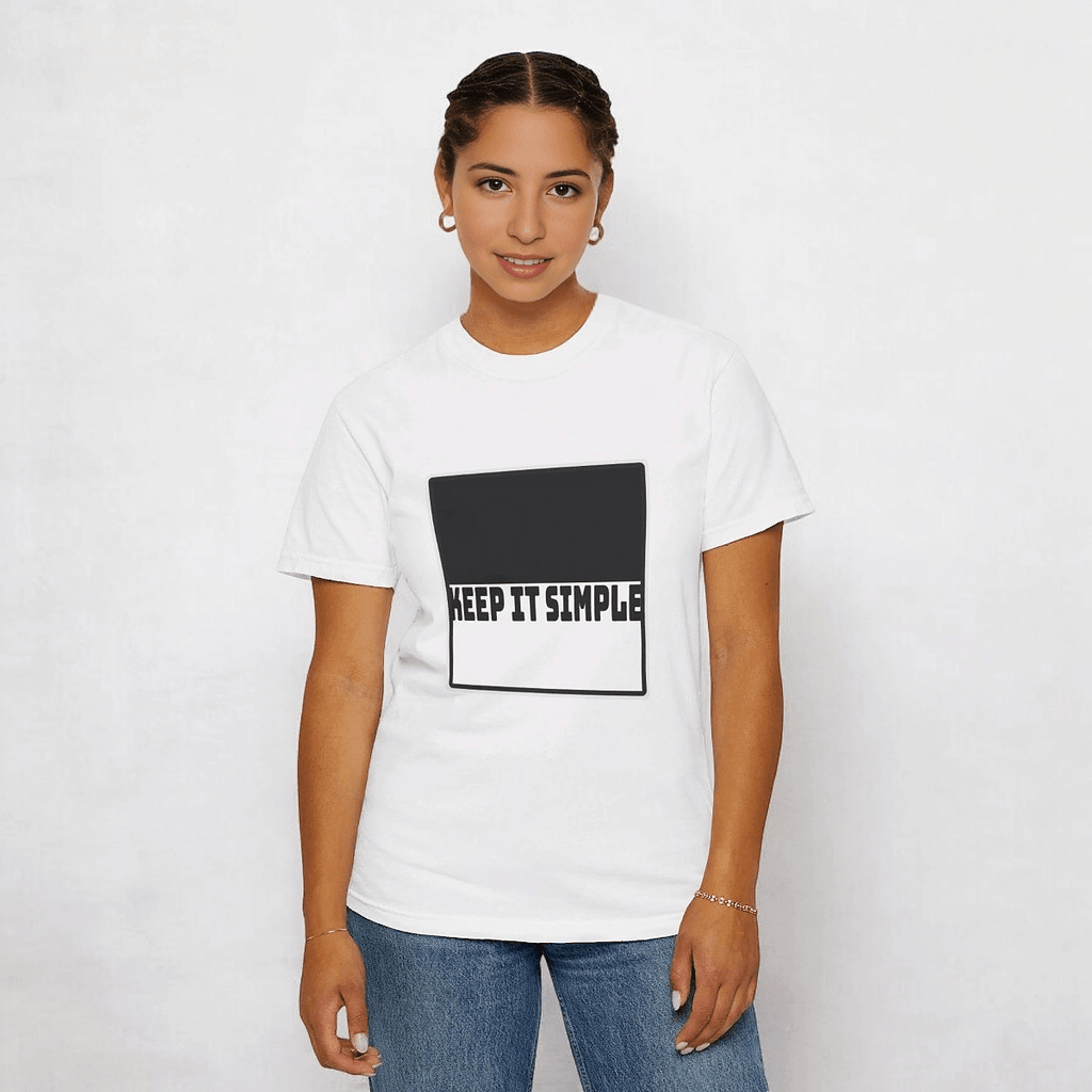 White cotton T-shirt with crew neck, relaxed fit, and black KEEP IT SIMPLE text centered on the chest