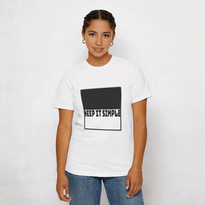 White cotton T-shirt with crew neck, relaxed fit, and black KEEP IT SIMPLE text centered on the chest