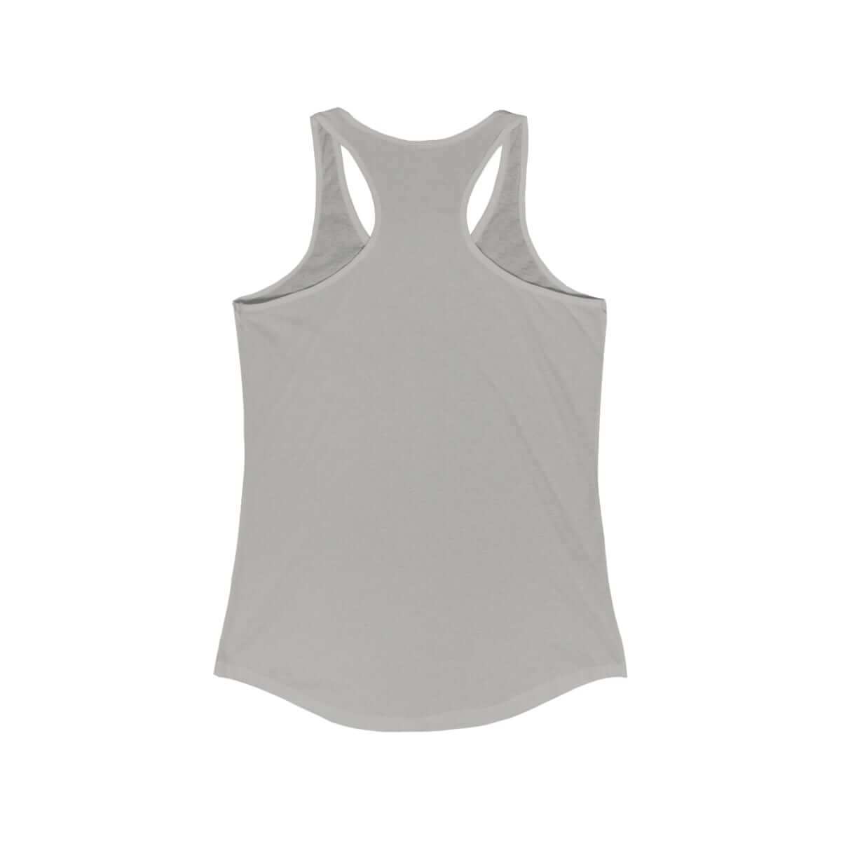Gray racerback tank top in lightweight cotton fabric with scooped hem and deep-cut armholes