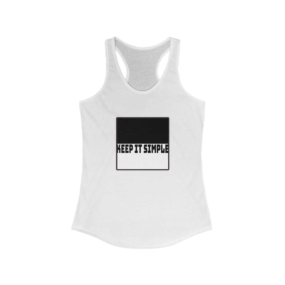 White cotton tank top featuring a bold black and white square graphic with the text KEEP IT SIMPLE in all caps